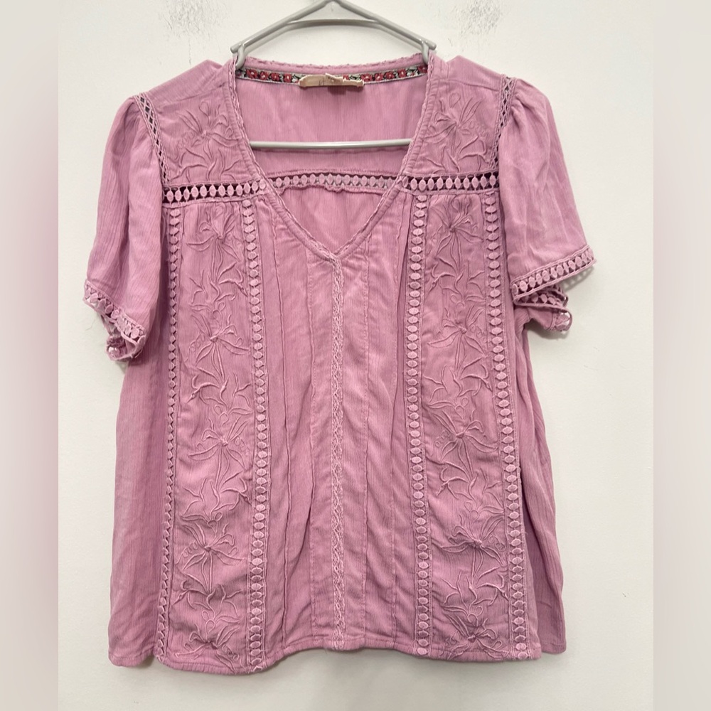 Embroidered V-Neck Peasant Blouse in Dusty Rose